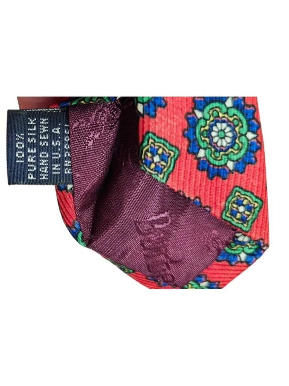 Vintage Burberrys of London 100% Silk Red Medallion Geometric Tie Made Italy